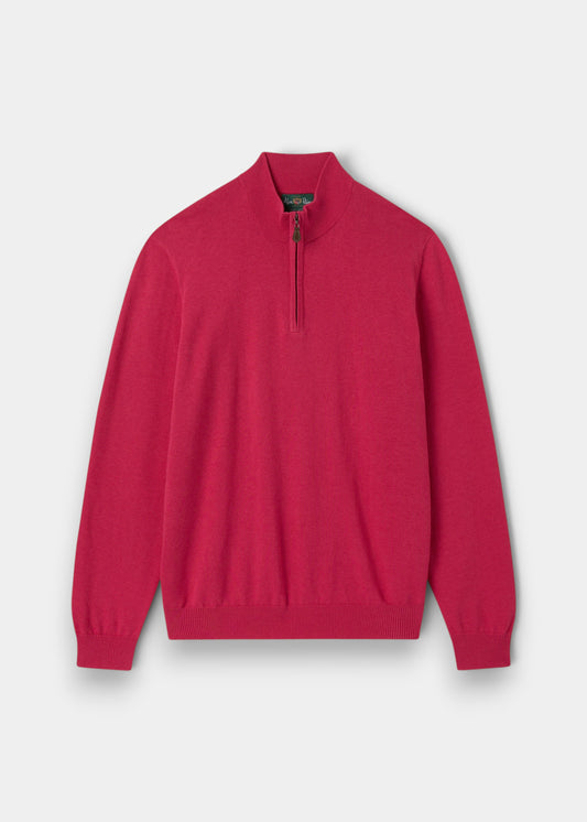 Alan Paine Selhurst raspberry pink quarter zip jumper made from a soft Pima cotton and cashmere blend.