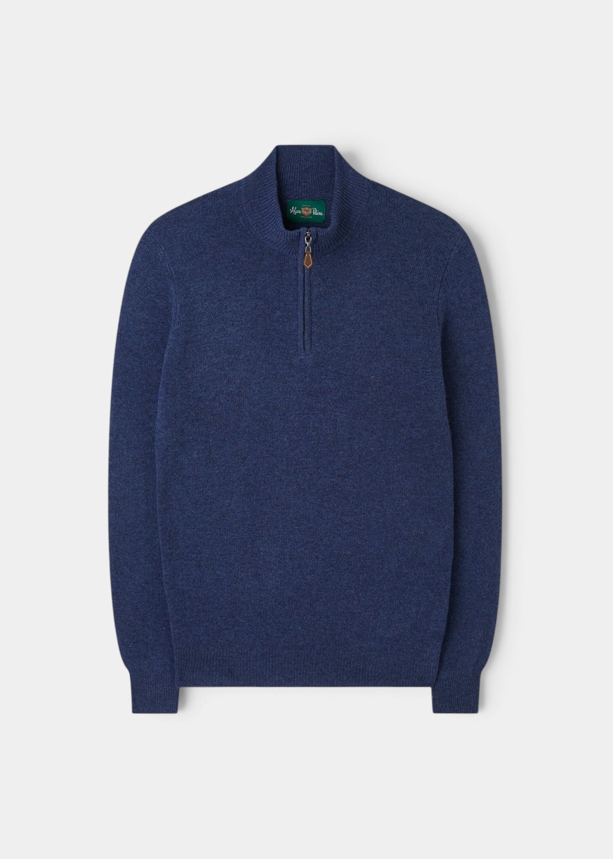 Alan Paine Sutherland lambswool quarter zip jumper in rhapsody blue with a leather zip pull and ribbed cuffs.