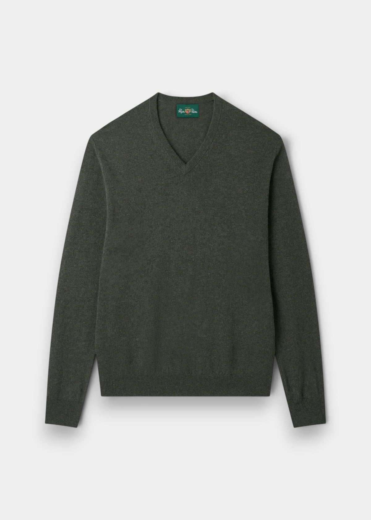 Haddington Pure Cashmere V-Neck Jumper in Rosemary—regular fit, luxurious knitwear laid flat on white background.