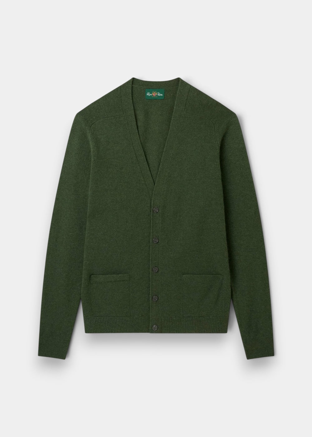 Cornwall Lambswool V-Neck Cardigan in Rosemary, classic fit, long sleeves, 2 pockets—shown flat on white.