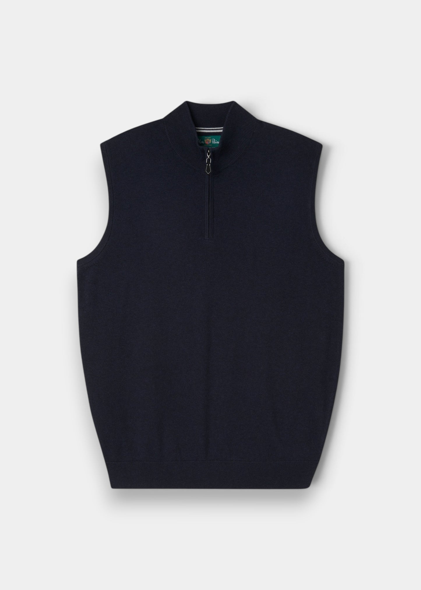 Alan Paine Rowley men's dark navy 1/4 zip gilet in a soft cotton cashmere blend with a ribbed collar and hem.