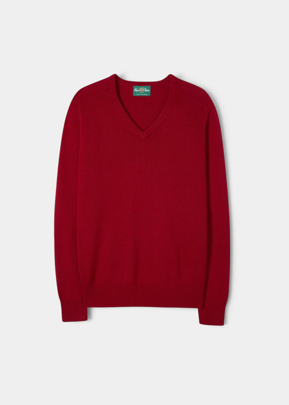 Alan Paine Selkirk ruby red cashmere v-neck jumper with saddle shoulders and ribbed hem and cuffs