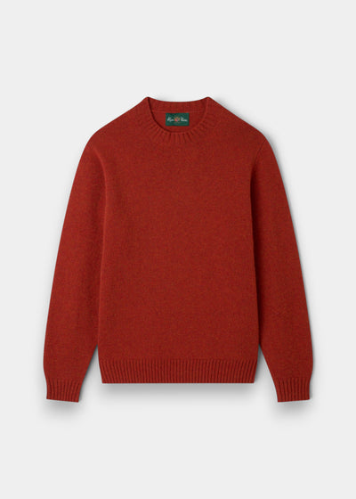 Kinnadie Supersoft Shetland Wool Crew Neck Jumper in saffron, regular fit, ribbed cuffs, hem, and neckline.