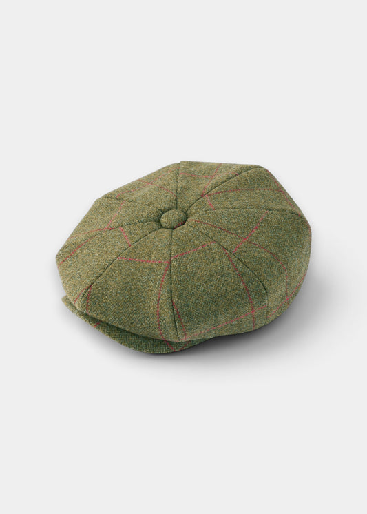 Alan Paine Combrook men's sage green wool tweed bakerboy cap with a subtle red check pattern and structured design.