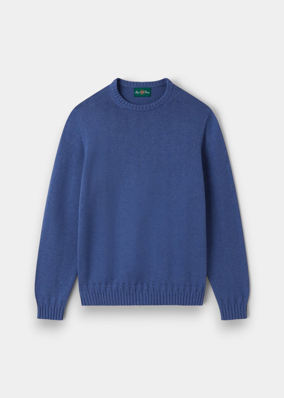 Alan Paine Salterton men's crew neck jumper in indigo mix 100% cotton with a 7-gauge knit texture.