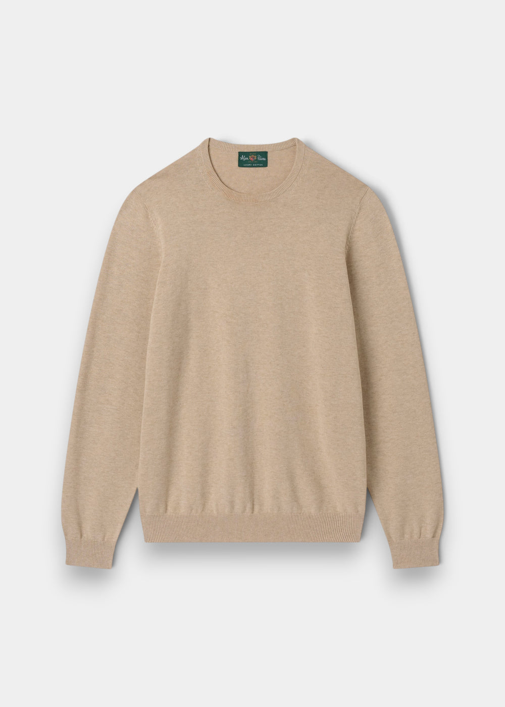 Alan Paine Leysmill crew neck jumper in sand, crafted from a soft Pima cotton and cashmere blend with ribbed trim.