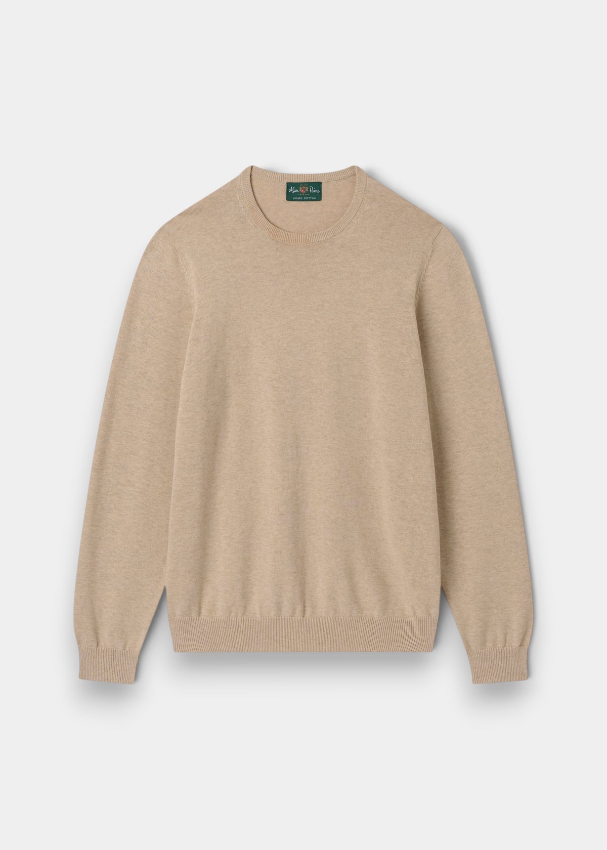 Alan Paine Leysmill crew neck jumper in sand, crafted from a soft Pima cotton and cashmere blend with ribbed trim.