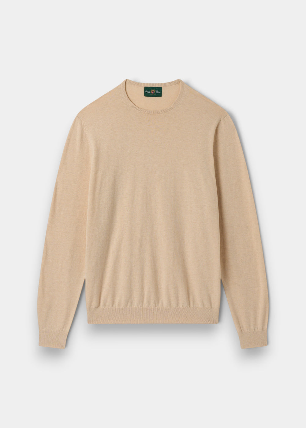 Alan Paine men's luxury crew neck jumper in sand, crafted from a soft pima cotton, silk, and cashmere blend.