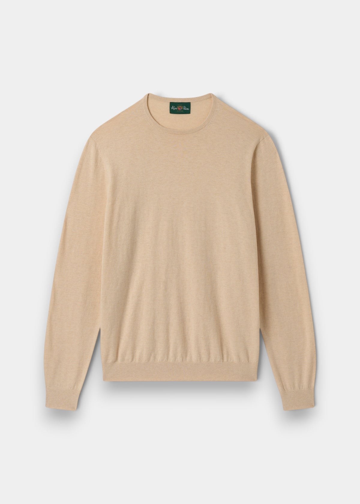 Alan Paine men's luxury crew neck jumper in sand, crafted from a soft pima cotton, silk, and cashmere blend.