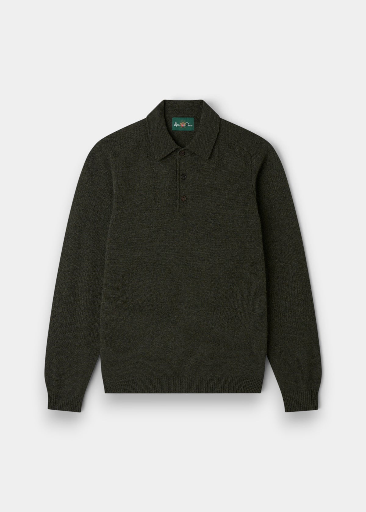 Alan Paine Bilsdean men's long sleeve polo in seaweed green lambswool with a classic collar and saddle shoulders.