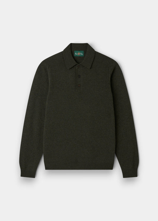 Bilsdean Men’s Seaweed Lambswool Polo, long sleeve, collar, 3 buttons. Regular fit. Laid flat on white background.