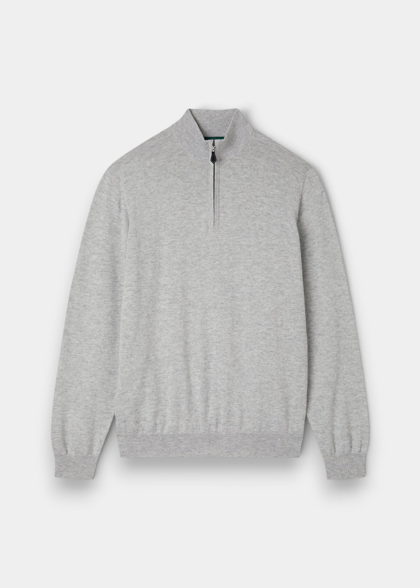 Alan Paine Selhurst dove grey quarter zip jumper in a soft Pima cotton and cashmere blend with ribbed cuffs and hem.