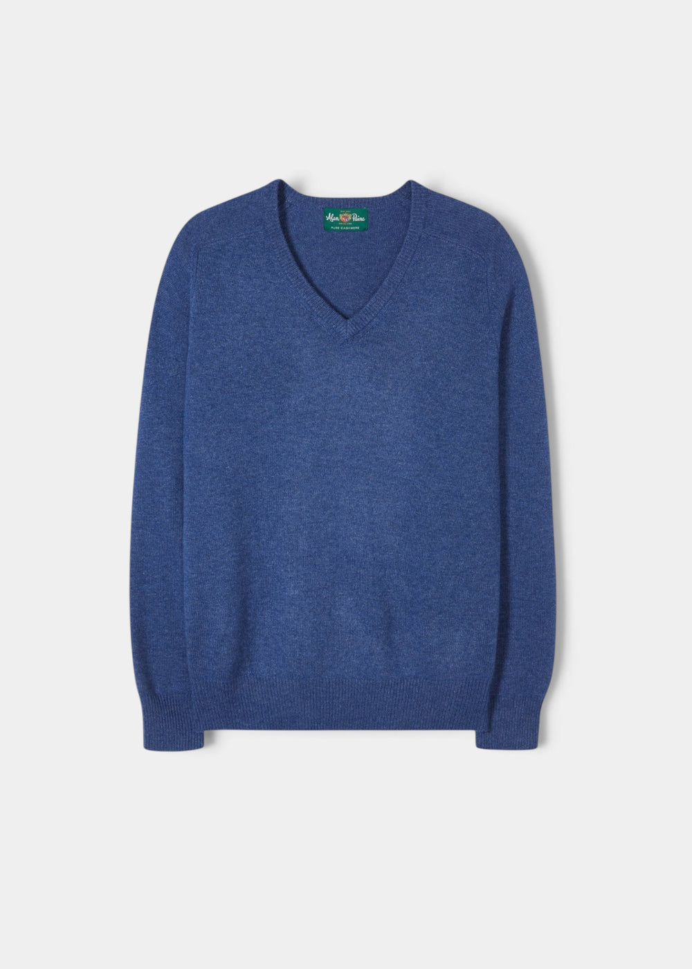 Alan Paine Selkirk cashmere v-neck jumper in denim blue with saddle shoulder detailing and ribbed hem and cuffs.