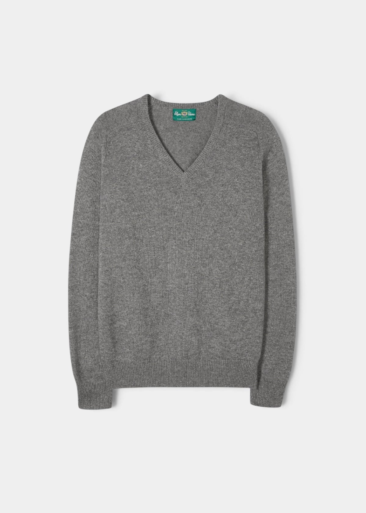 Alan Paine Selkirk grey cashmere v-neck jumper with saddle shoulders and ribbed cuffs in a classic fit