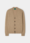 Kinloch Supersoft Shetland Wool V-Neck Cardigan in Pale Oak, regular fit, with long sleeves and five dark front buttons.