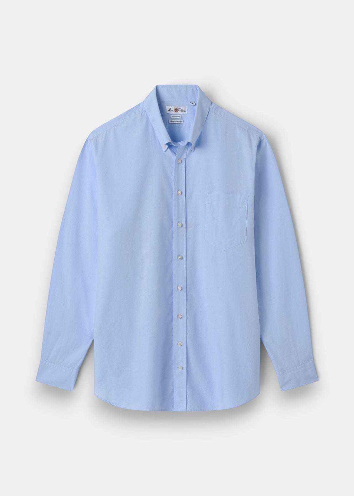 Alan Paine men's sky blue long-sleeve button-down shirt made from 100% cotton with a chest pocket.