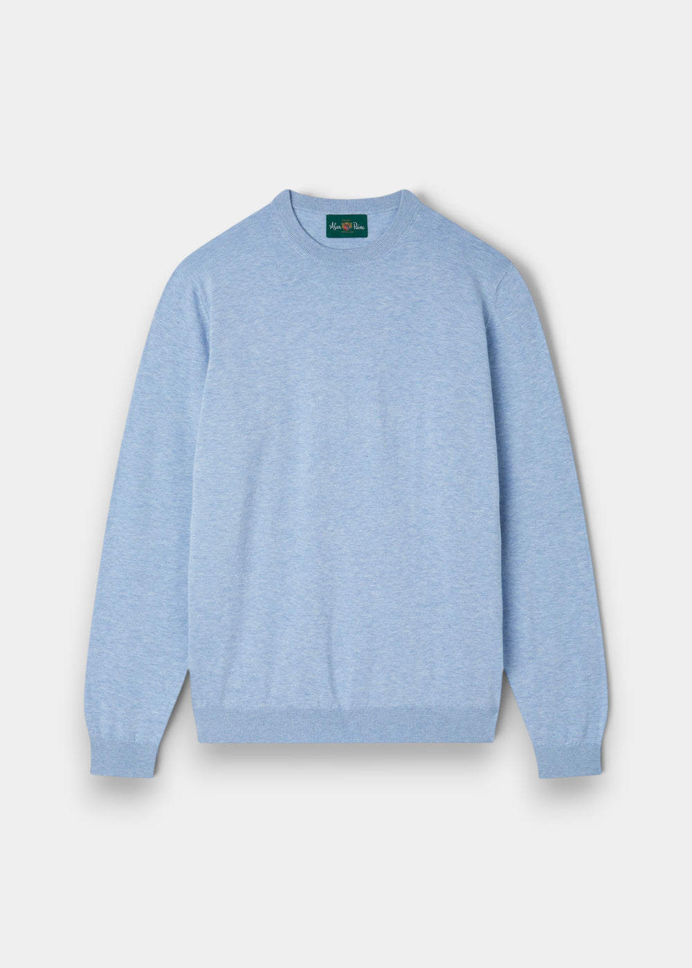 Alan Paine Oakford steel blue long sleeve crew neck shirt in 100% high twist cotton with a refined textured knit.