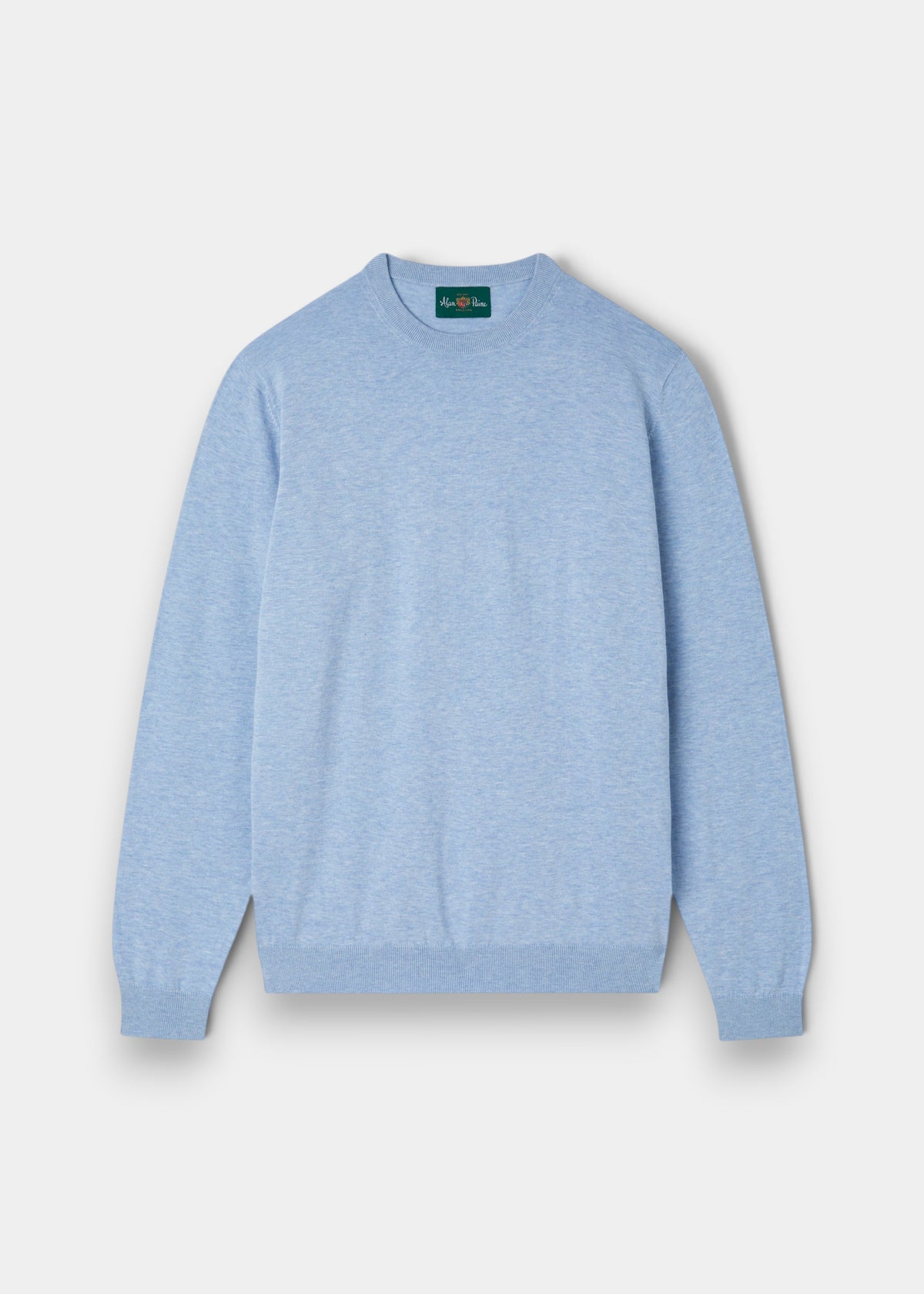 Alan Paine Oakford steel blue long sleeve crew neck shirt in 100% high twist cotton with a refined textured knit.