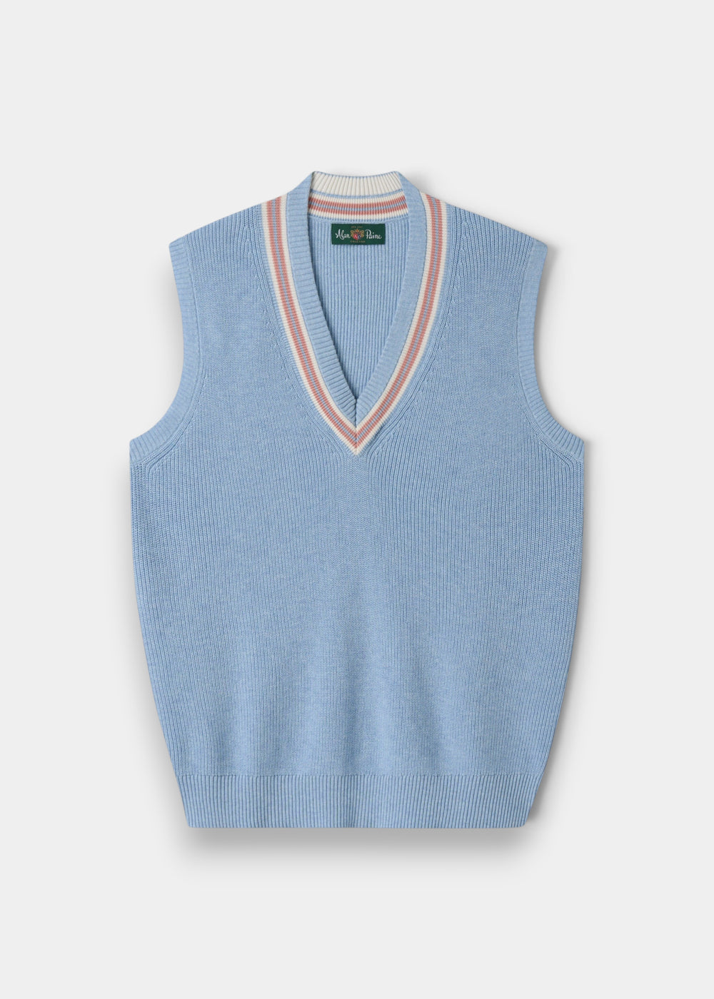 Alan Paine ladies cricket slipover in steel blue mix cotton with ecru and dusk pink v-neck trim