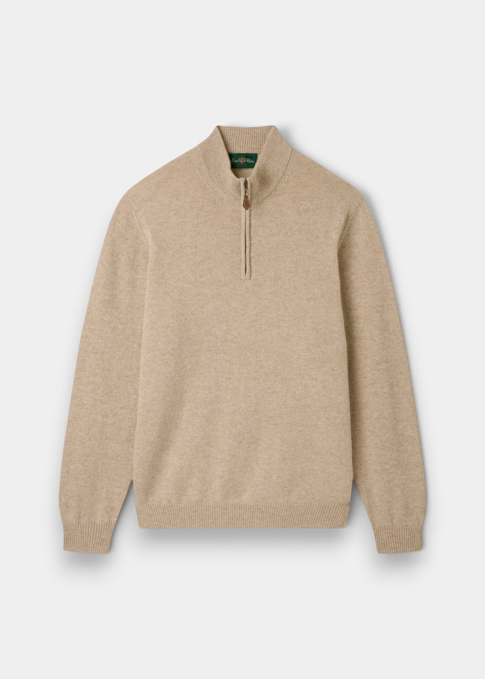 Sutherland Lambswool Quarter Zip Jumper In Linen: a beige long-sleeved quarter-zip sweater with ribbed cuffs and hem.