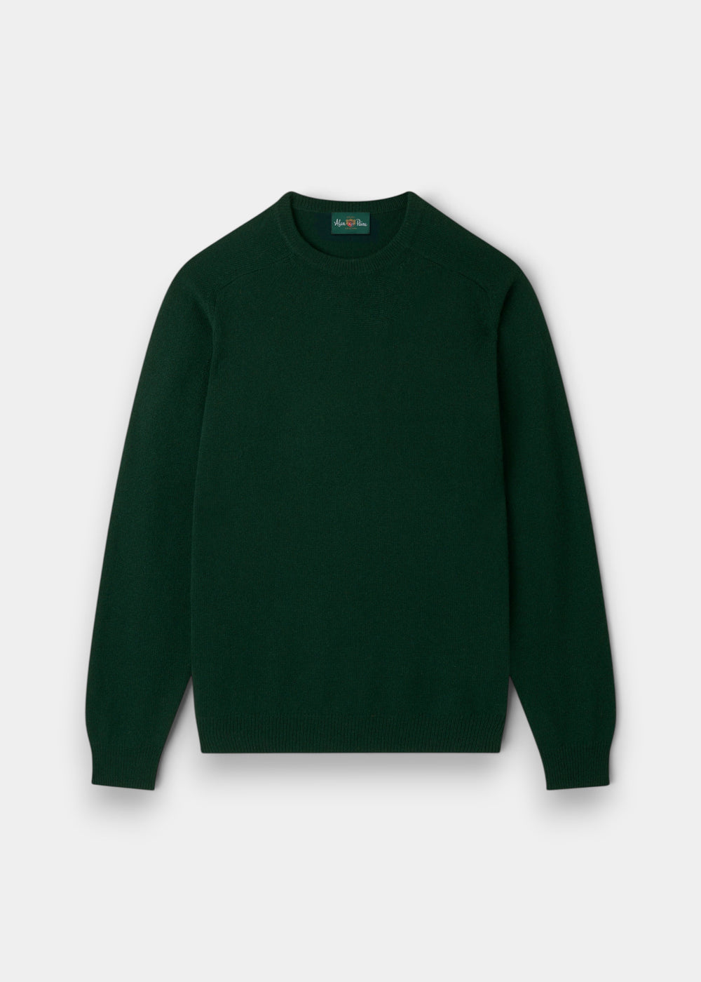 Lenzie Lambswool Crew Neck Jumper in Tartan Green, regular fit, laid flat on a light gray background.