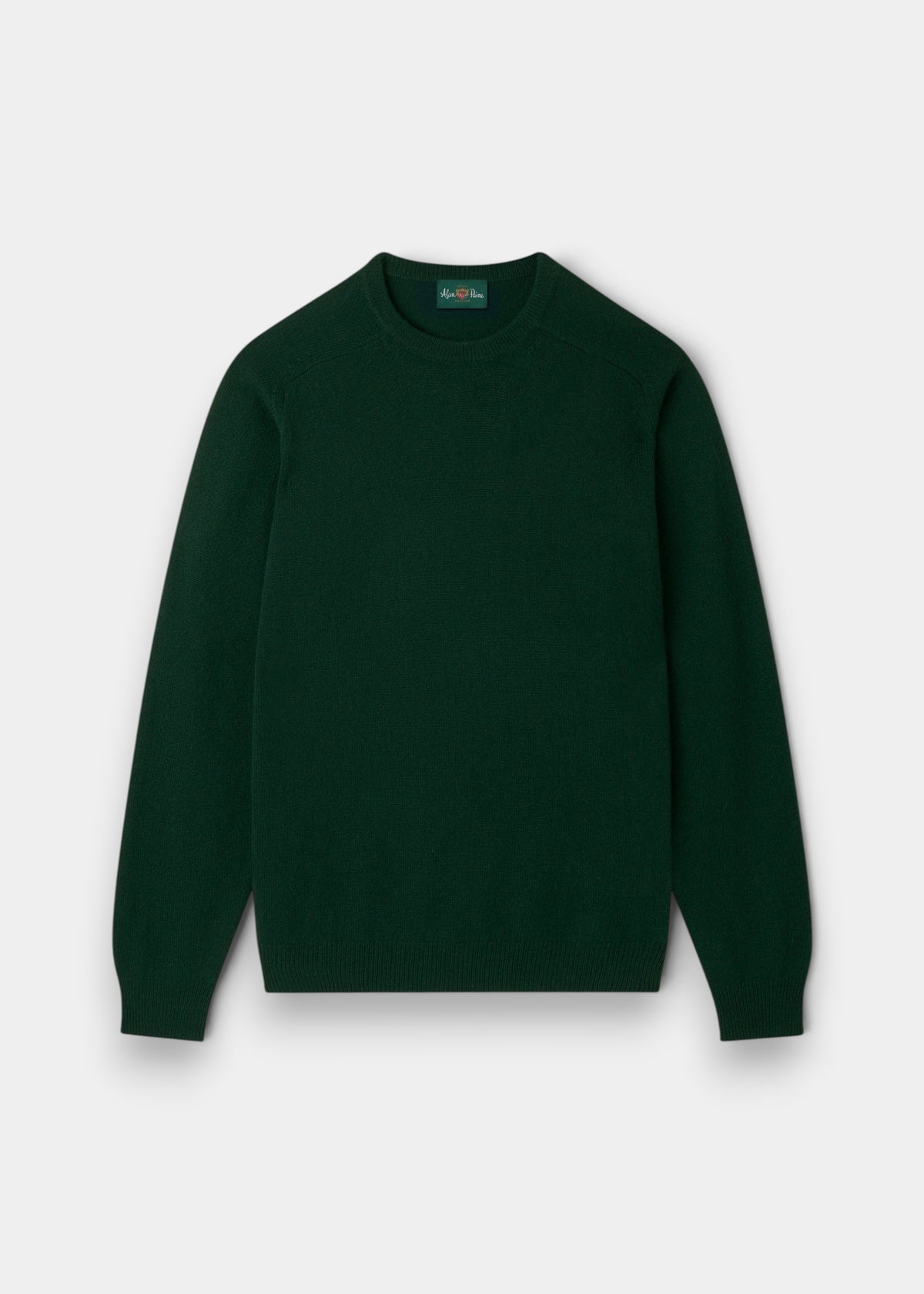 Lenzie Lambswool Crew Neck Jumper in Tartan Green, regular fit, laid flat on a light gray background.