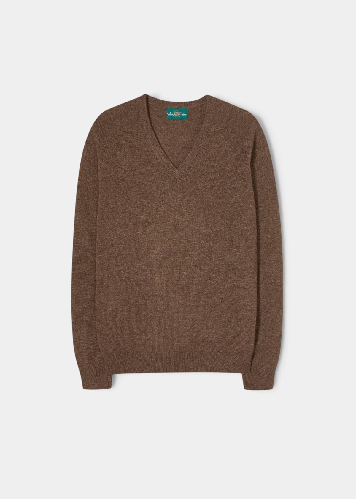 Alan Paine tobacco brown V-neck jumper in soft lambswool with a regular fit and ribbed cuffs.