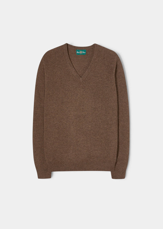Alan Paine tobacco brown V-neck jumper in soft lambswool with a regular fit and ribbed cuffs.