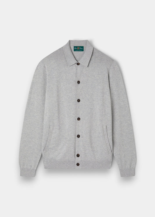 Alan Paine Tyneham men's button-through shirt in dove grey, crafted from a soft pima cotton and cashmere knit blend.