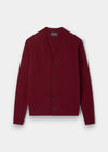 Kinloch Supersoft Shetland Wool V-Neck Cardigan in Venetian, long sleeves, ribbed cuffs/hem, on white background.