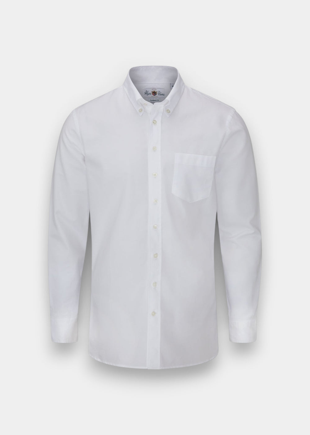 Alan Paine men's white long-sleeve button-down shirt made from 100% cotton with a chest pocket, front view.
