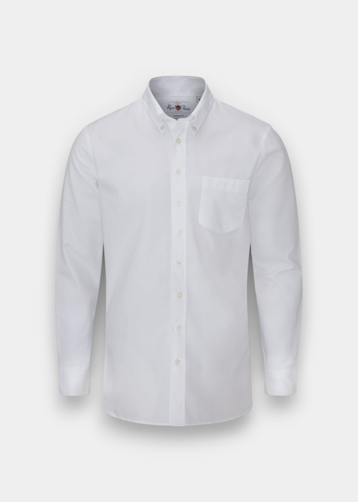 Alan Paine men's white long-sleeve button-down shirt made from 100% cotton with a chest pocket, front view.