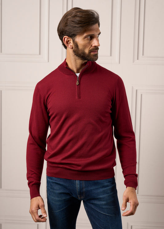 Barton Merinowolle-Mock-Pullover mit 1/4-Reißverschluss in Bordeaux – normale Passform