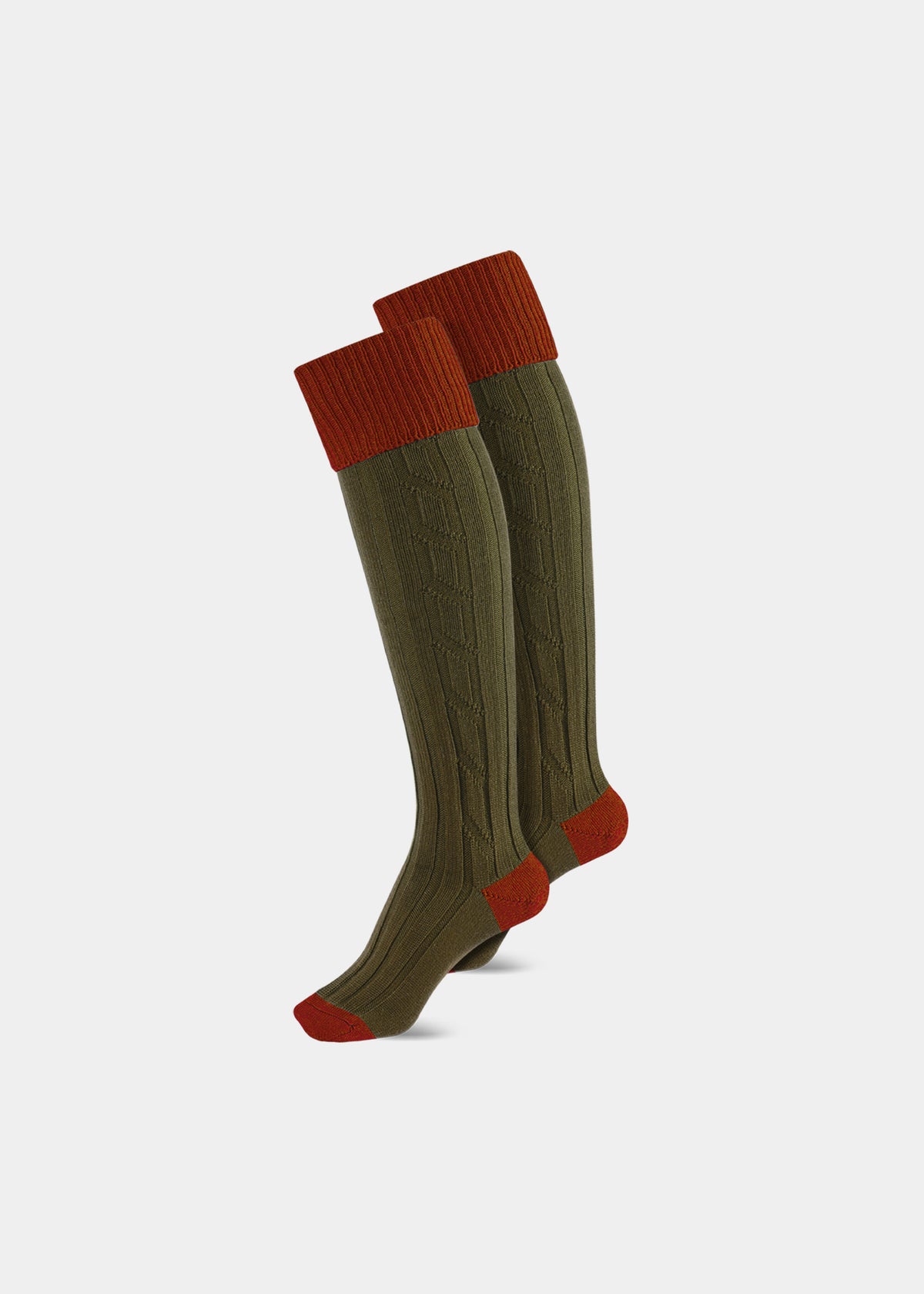 Ladies Shooting Socks - Saffron and Olive, a pair of olive green wool socks with rust-colored cuffs and heels.