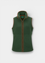 Alan Paine Aylsham ladies fleece gilet in evergreen with mock suede trim, front zipper, and two zipped pockets.