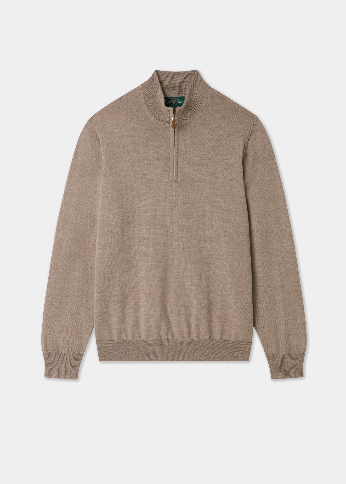 Mens merino wool jumper with quarter zip in beige