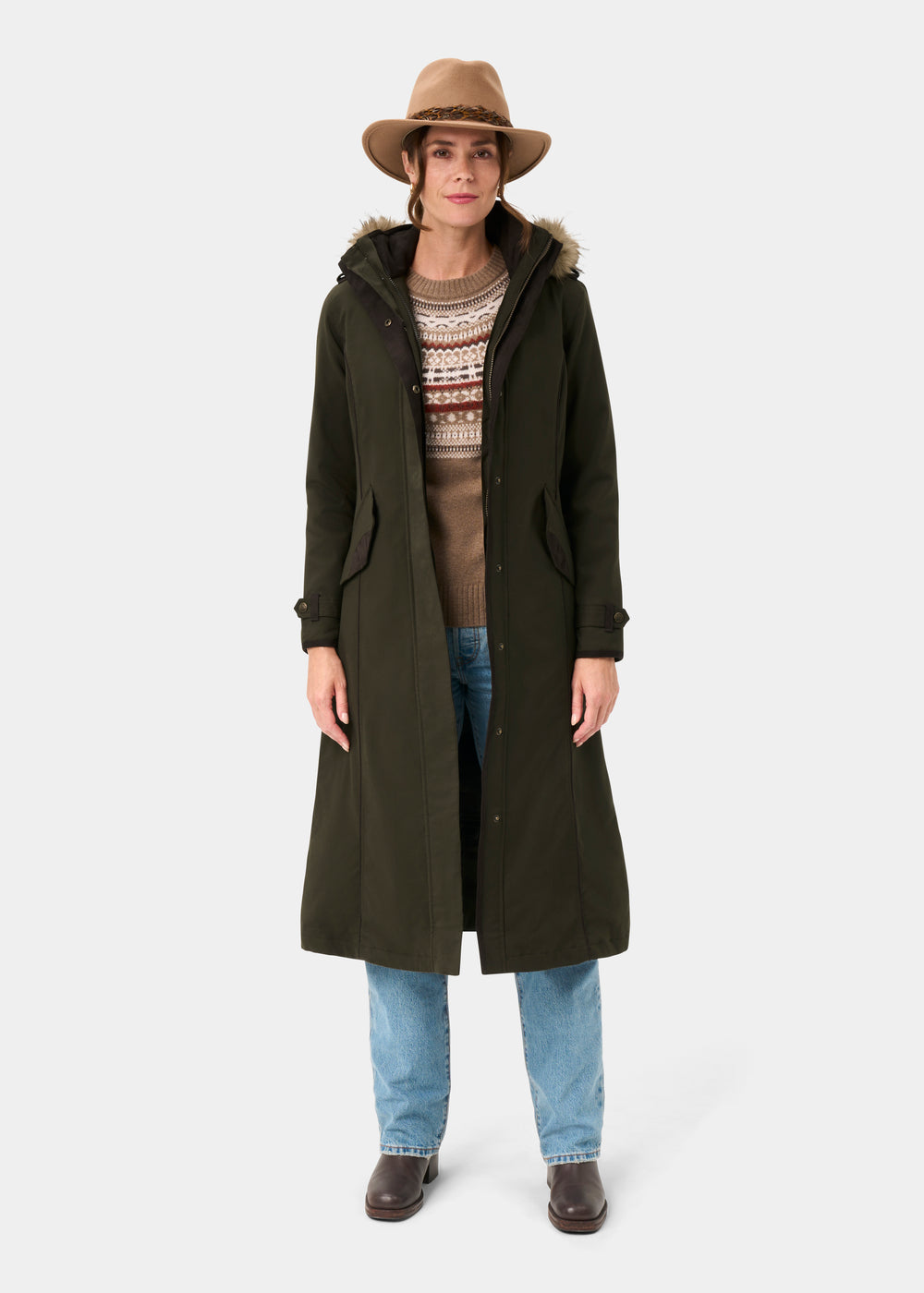 Dunswell Ladies Waterproof Long Coat In Olive - Regular Fit