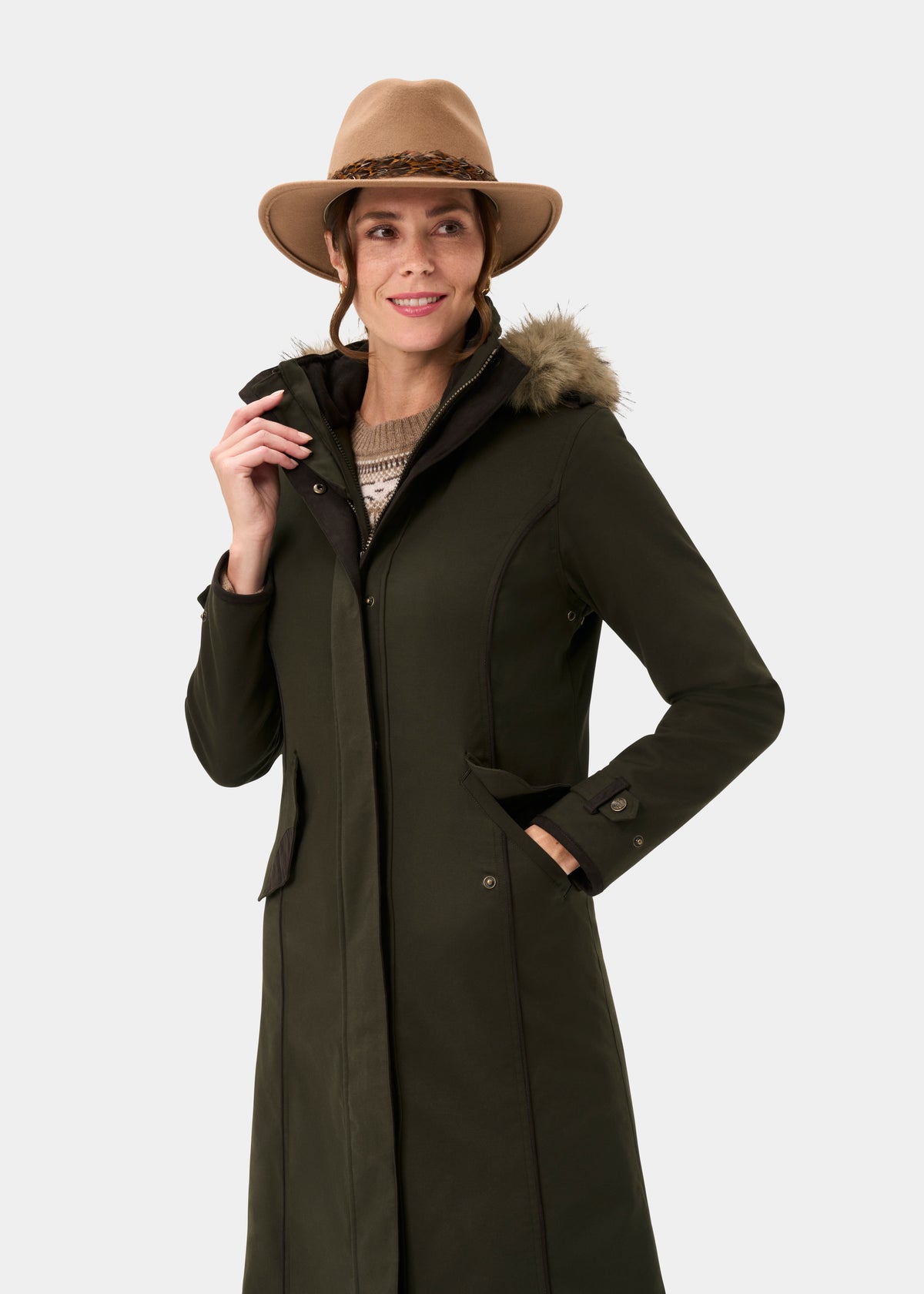 Dunswell Ladies Waterproof Long Coat In Olive - Regular Fit