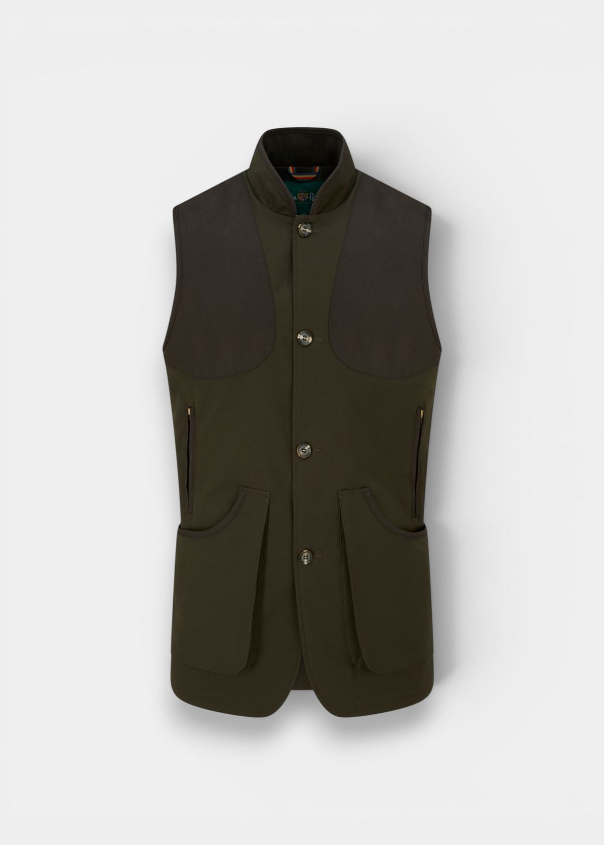 Alan Paine Dunswell men's olive water-repellent gilet with suede shoulder patches and spacious gusseted pockets.
