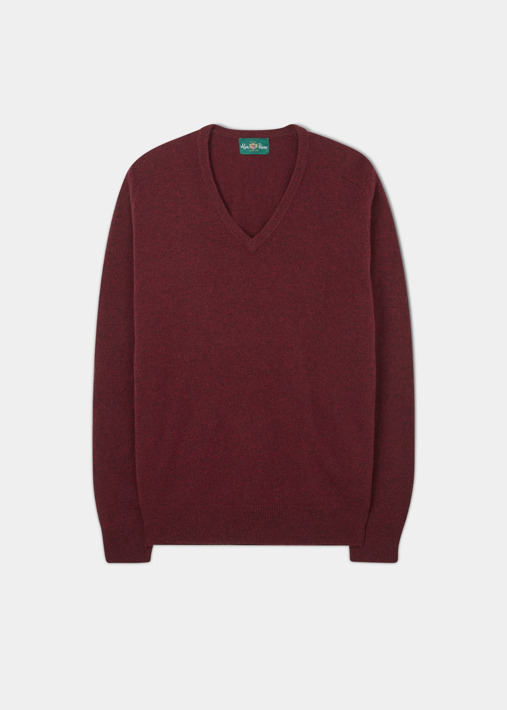 Hampshire Lambswool Vee Neck Jumper in Red Velvet, classic fit, shown flat on a white background.