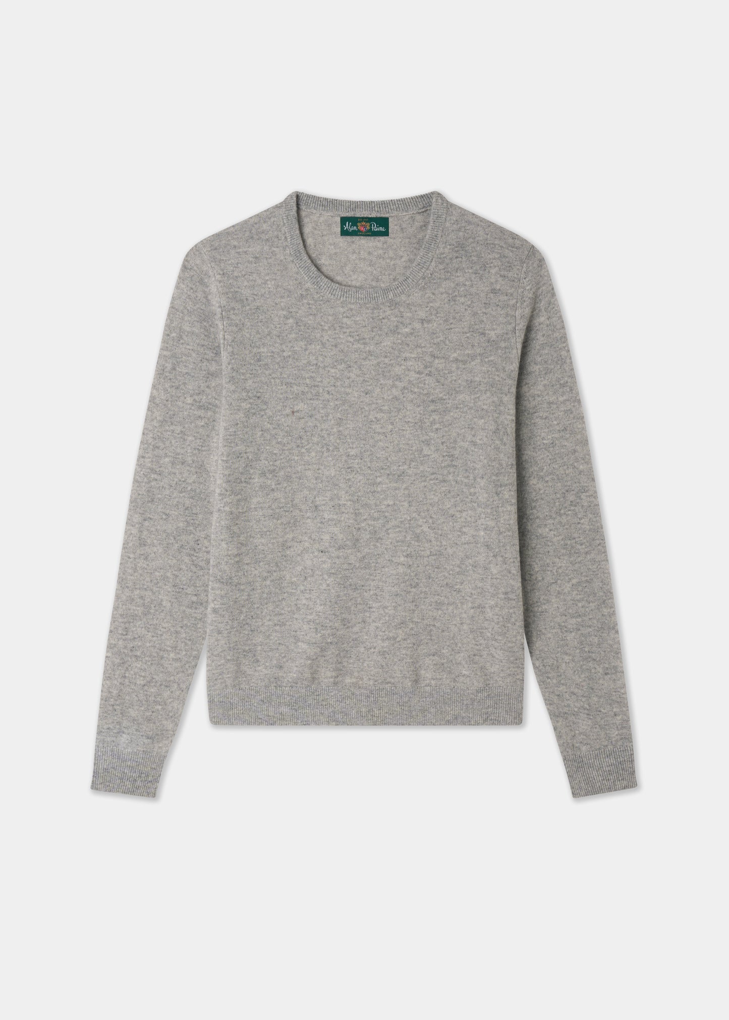 A light gray long-sleeve crewneck sweater laid flat against a light gray background.