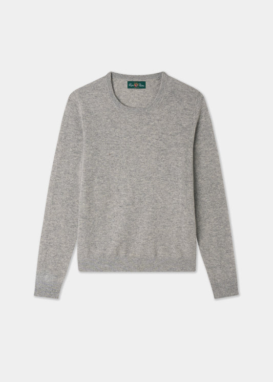 A light gray long-sleeve crewneck sweater laid flat against a light gray background.