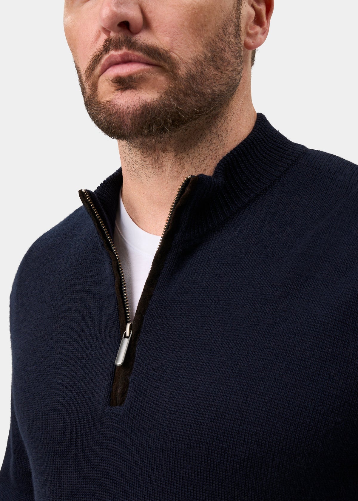 Man in Kinmere Merino Wool Quarter Zip Jumper, dark navy, over white shirt, shown shoulders to chin, facing left.