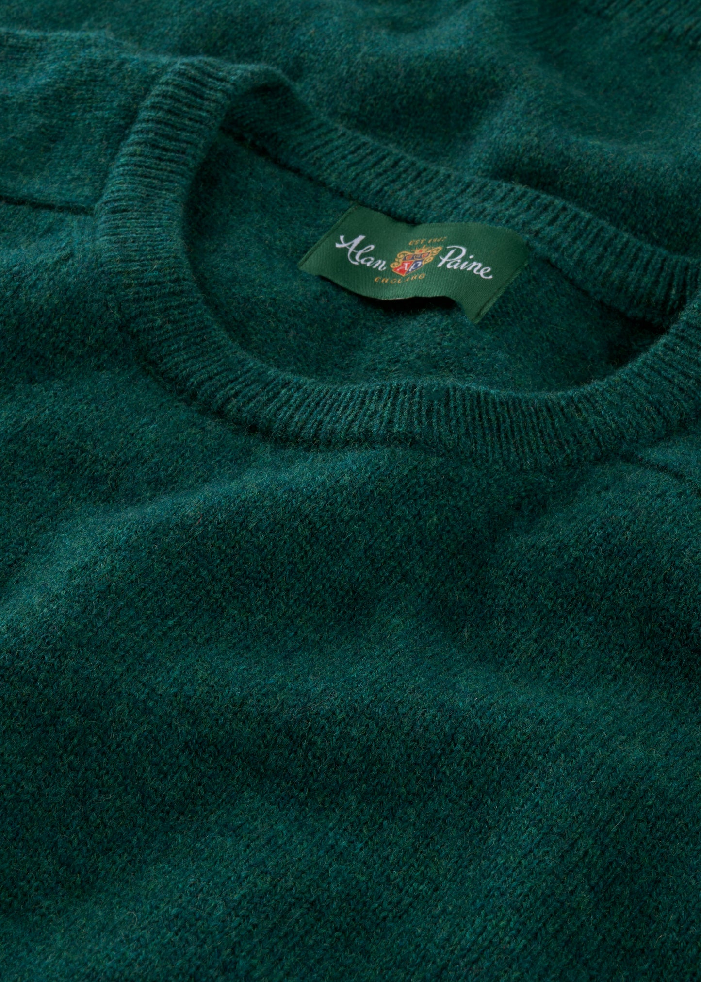 Close-up of a green sweater with a brand label on the collar.