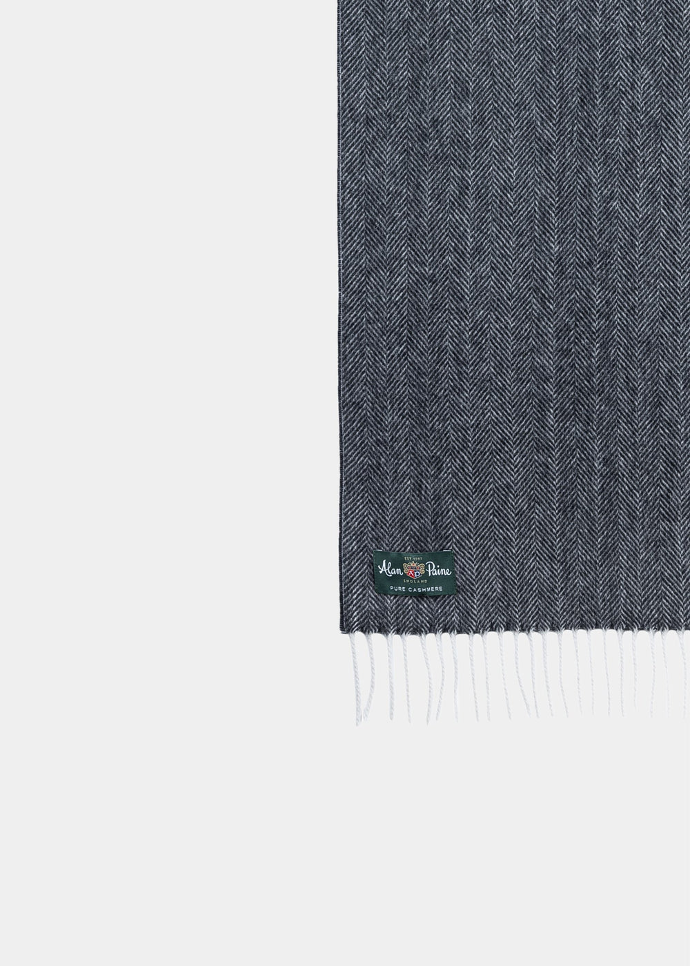Kinross Cashmere Herringbone Scarf in charcoal, with fringed ends and a green label, shown on a white background.
