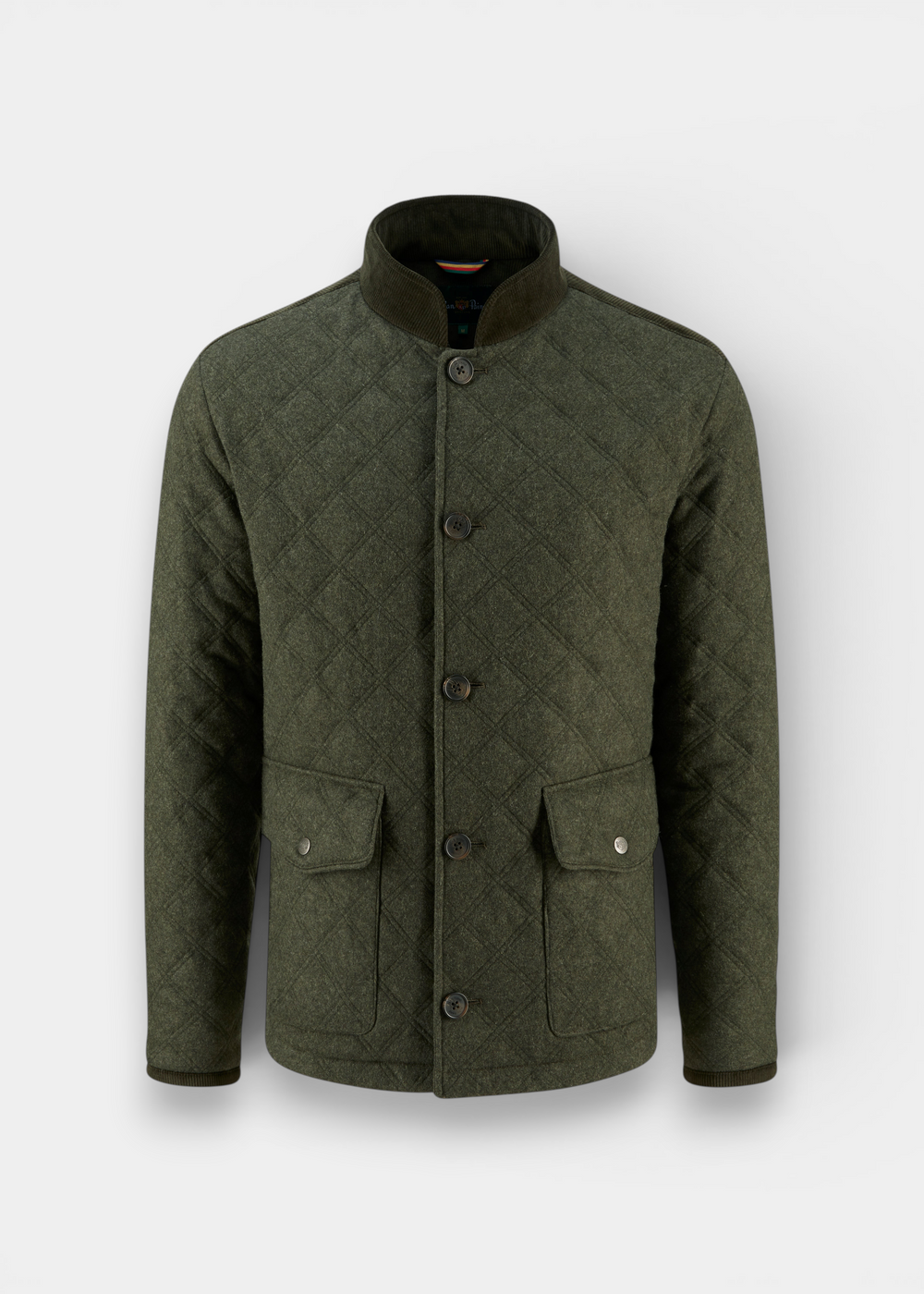 Alan Paine Richmond men's olive barn jacket featuring diamond quilting, corduroy collar, and flap pockets.
