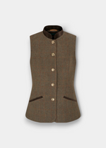 A brown tweed waistcoat vest with a dark brown stand collar, gold-tone buttons, and two front welt pockets, shown against a light gray background.
