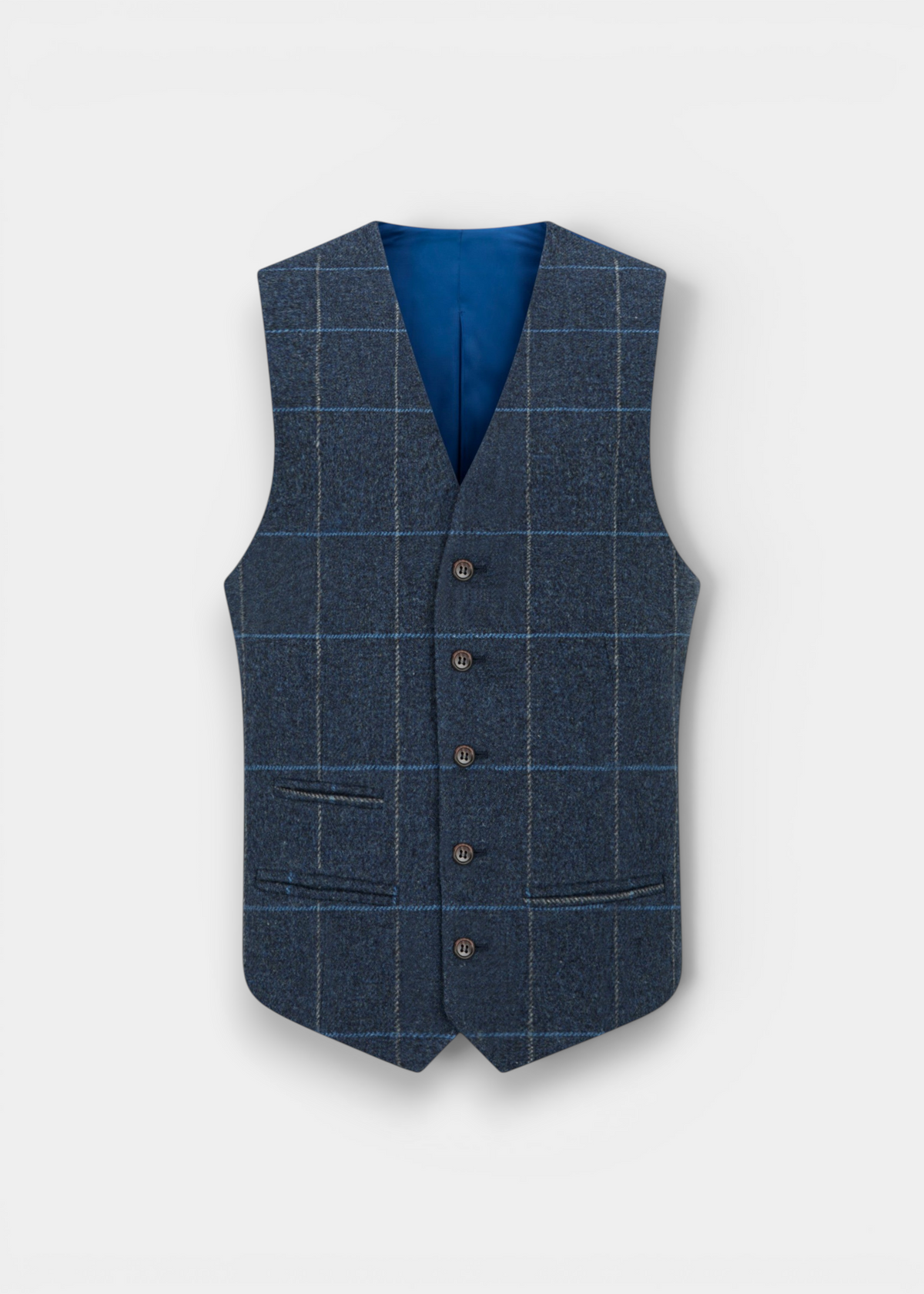Surrey Men’s Tweed Water Repellent Lined Waistcoat in Midnight Blue with five buttons and two front pockets.