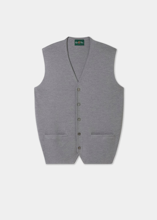 Grey waistcoat with button details on a white background