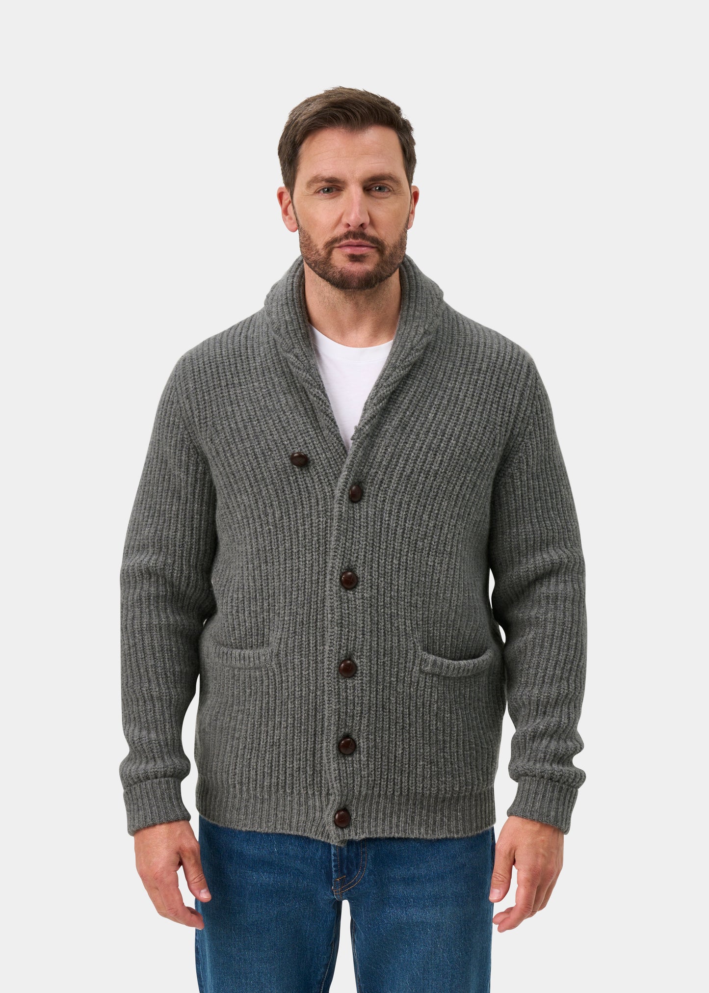 Usworth Men's Shawl Collar Lambswool Jumper In Grey Mix - Regular Fit